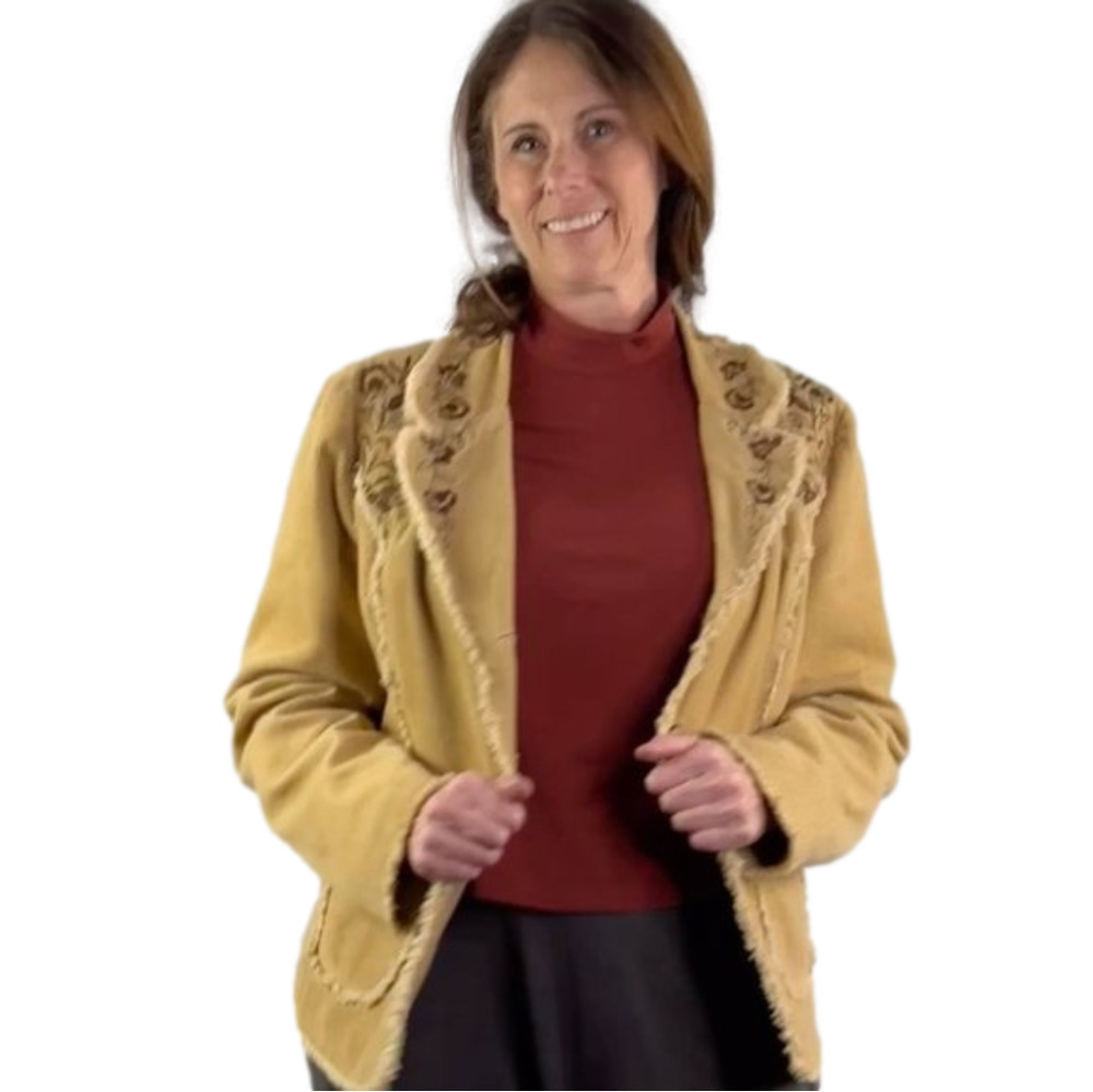 Neiman Marcus Beige Corduroy Embroidered Blazer Jacket